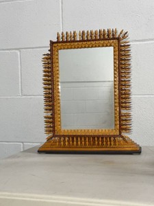 Vintage Folk Art Tramp Art Style Table Mirror Wood Spindle Frame