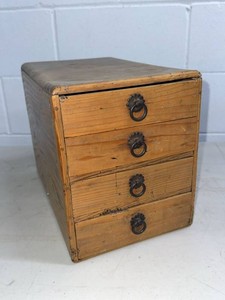 Vintage Wooden 4 Drawer Desktop Storage Chest Ring Pull Hardware
