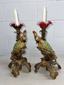 Pair of Italian Style Parrot Candlesticks Gilt Metal Ceramic Birds