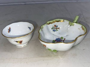 Herend Handpainted Porcelain Footed Bowl & Leaf Form Dish