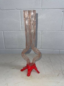 Unmarked Murano Style Art Glass Double Bud Vase Pink w Red Coral Base