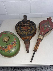 Vintage Folk Art Painted Fireplace Bellows & Hot Water Bottle Lot