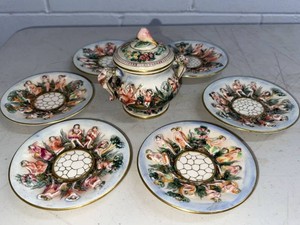 Vintage Dresden Style Porcelain Figural Saucers & Covered Sugar Bowl