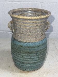 Signed Studio Pottery Vase Blue Gray Speckled Elephant Handle Art Pot