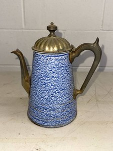 Antique Blue White Spatter Graniteware Coffee Pot Hinged Metal Lid