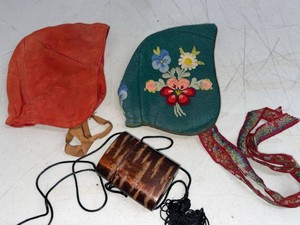 Vintage Swedish Embroidered Bonnet & Birch Bark Purse Folk Lot