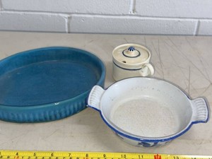 Blue & White Pottery Bakeware and Covered Mustard Pot Lot