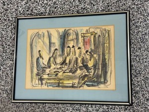 Framed Watercolor Print Judaica Interior Scene  Dated 1984