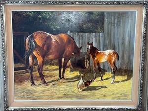Jay Schmidt Barnyard Friends Framed Original Horse Oil Painting