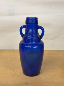 Cobalt Blue Glass Amphora Style Vase with Double Handles Ribbed Neck
