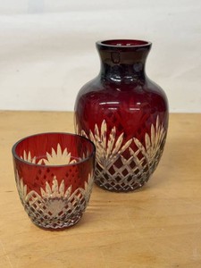 Ruby Cut to Clear Crystal Vase & Tumbler Floral Crosshatch Set