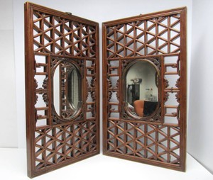 Matching Pair of Vintage Oriental Lattice Wood Screens wMirrors