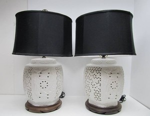 Excellent Quality Pair of Vintage Designer Oriental Pierced White Ceramic Table Lamps