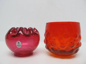 Vintage FENTON Crimped Glass Bowl &amp Amberina Bubble Glass Vase or Cup