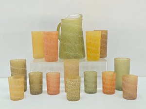 Great Looking Large Set of Mid Century Spaghetti String Glasses &amp Pitcher