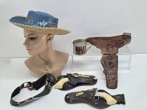 Group of Vintage 1950s Cowboy Western Cap Guns Holsters Hat etc