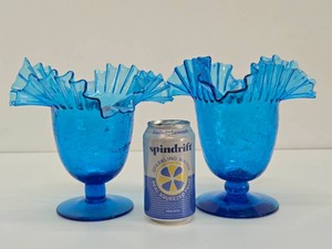 Matching Pair of Large Mid Century BLENKO Blue Crackle Glass Ruffled Vases&nbsp