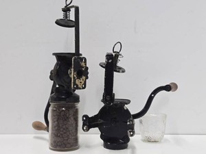 2 Antique Cast Iron Wall Mount Hand Crank Coffee Grinders