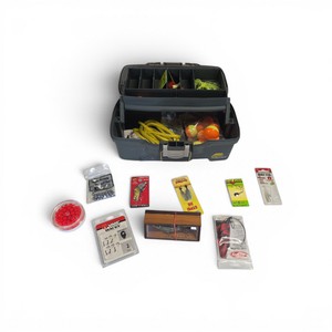 Tackle Box Loaded with Lures  Bobbers  Weights  Etc