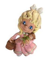 Vintage Blonde Girl Figurine Holding Doll  Pink Dress Planter Vase Decor