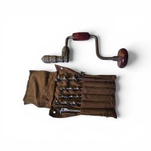Vintage Stanley Victor bit brace drill, featuring a distinctive dark wood handle and steel frame and Bits