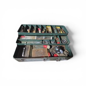Vintage Fishing Tackle Box and Lures with Bache Brown Mastereel Model #3