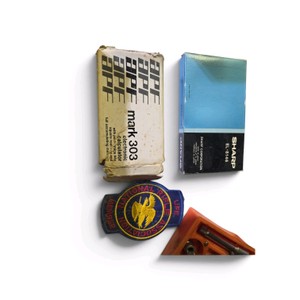 Combo Lot Vintage Sears Hole Saw in Box  2 Calculators in Boxes  Mimi File Set  Socket Set  Vintagr NRA Patch etc