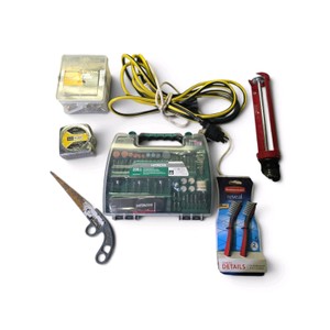 Combo Tool Lot  New Mini Grinder Accessory Kit  Measuring ATape  Reveal Derail Brushes  MDF Screws  Vintage Saw  Extension Cord with On & Off Switch