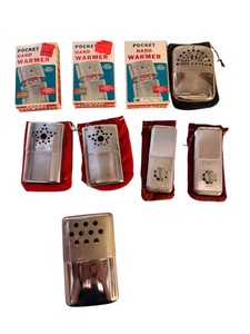 Lot of (9) Vintage Pocket Hand Warmers with Boxes, Carrying Pouches & Instructions