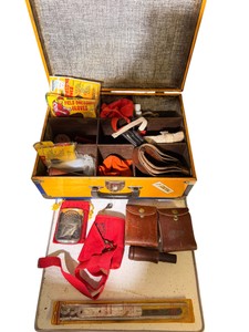 Vintage Hunting & Shooting Accessories Lot  Metal Field Box, Hand Warmer, Leather Pouches & More