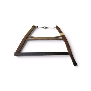 Antique buck saw (or bow saw) featuring a distinct wooden frame and a steel tension rod to hold the blade