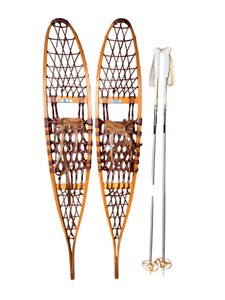 Vintage Snocraft Norway, Maine Wood Snowshoes with Leather Bindings & 52 Aluminum Poles