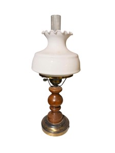 Vintage Hurricane Style Electric Table Lamp with Milk Glass Shade & Clear Glass Chimney