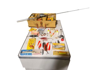 Vintage Fishing Tackle Lot w Telescoping Rod, Metal Tackle Box, Lures, Floats & Accessories