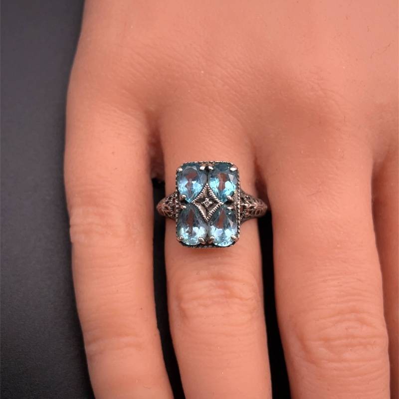 Four Stone Blue Topaz Ornate Filigree Ring *VIDEO* for Sale in