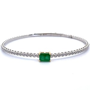 Natural Emerald & Diamond Two-Tone Gold Bangle Hinged Bracelet VIDEO