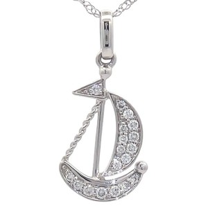 Nautical 0.10 Carat Pav Natural Diamond Sailboat Pendant Necklace in 14k White Gold VIDEO