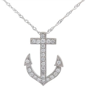 Safe at Sea 0.25 Carat Natural Diamond Nautical Anchor Cross Pendant in 14k White Gold VIDEO