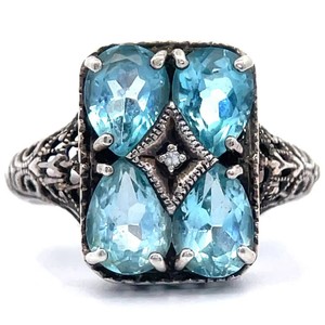 Four Stone Blue Topaz Ornate Filigree Ring VIDEO