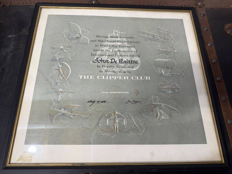 Framed Pan American Clipper Club Membership Certificate Signed