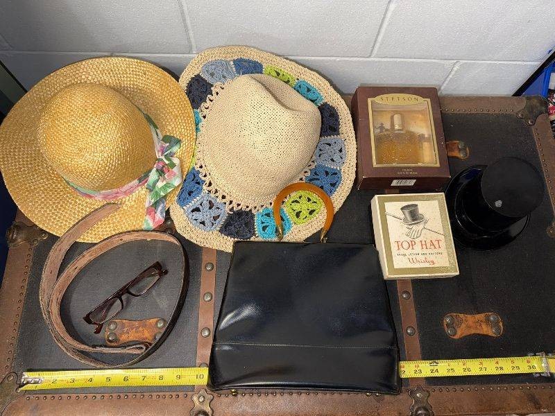 Vintage Accessories Lot with Hats, Leather Purse, Belt, Perfume, and 1980s radio wristband
