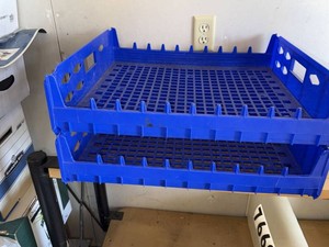 Lot Including 2 Blue Plastic Stackable Vented Storage Trays Crates