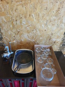 Mixed Kitchen Lot Hand Grinder, Cast Iron Skillet & Glass Mugs