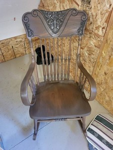 Antique Pressed Back Wood Rocking Chair With Carved Crest Back