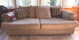Contemporary Upholstered Sofa Rolled Arms Brown Neutral Tone Couch