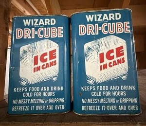 2 Wizard Dri-Cube Ice in Cans Vintage Metal Tins