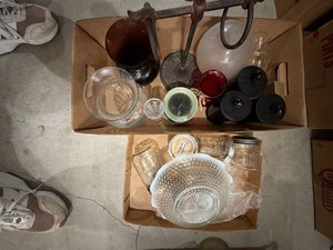 Approximately 12 Glass Decor Pieces & Rustic Iron Hanger