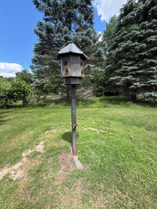 Metal Garden Birdhouse on Post 7ft Tall Hexagonal Outdoor Yard Decor with Pull Down Feature for easy filling