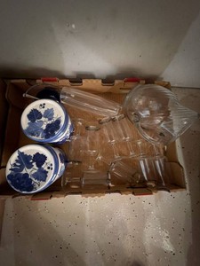 Lot Including Glass Pitcher Stemware Vase & Blue Grape Canisters