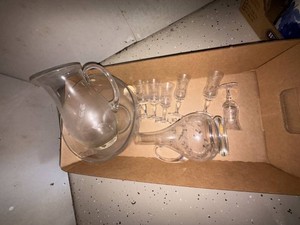 Lot Including Etched Glass Pitcher Ewer & 6 Cordial Glasses